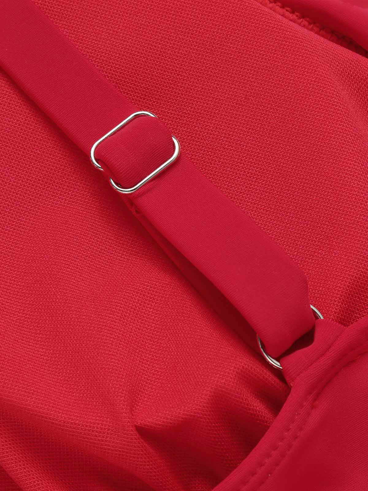 Red 1950s Solid Deep V-Neck Belt Swimsuit - Image 4