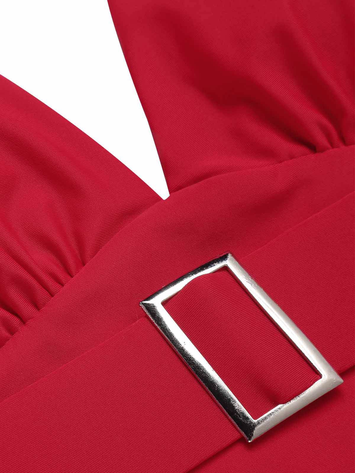 Red 1950s Solid Deep V-Neck Belt Swimsuit - Image 6