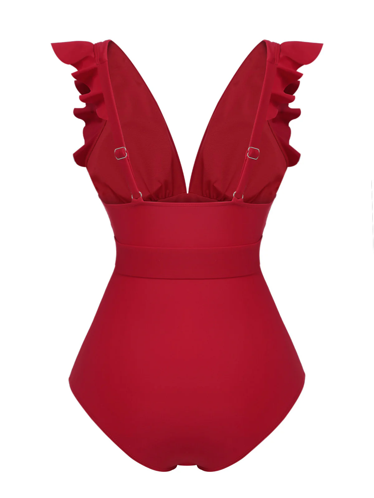 Red 1950s Solid Deep V-Neck Belt Swimsuit - Image 7