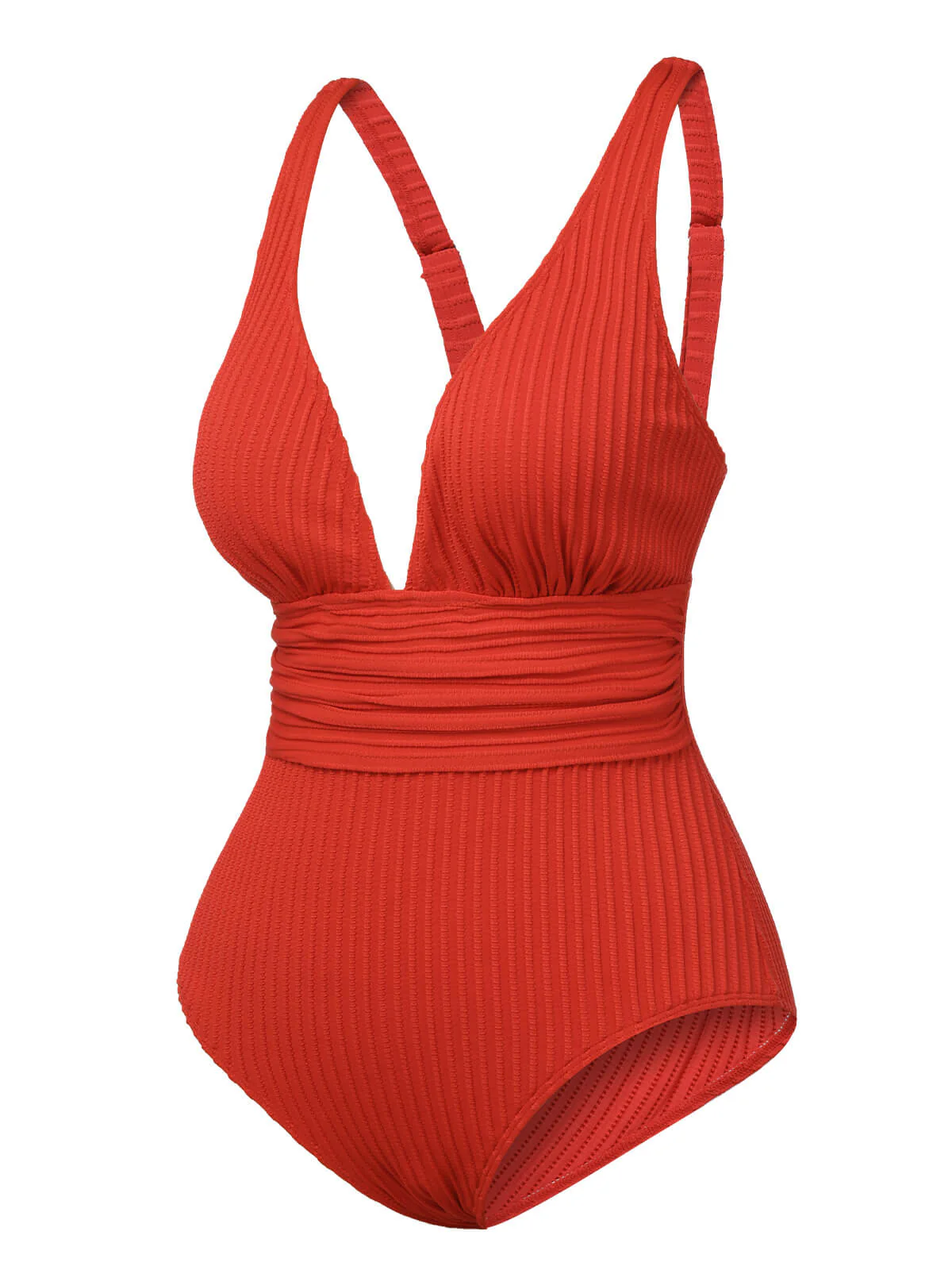 Red 1950s Solid Deep V One-Piece Swimsuit - Image 2