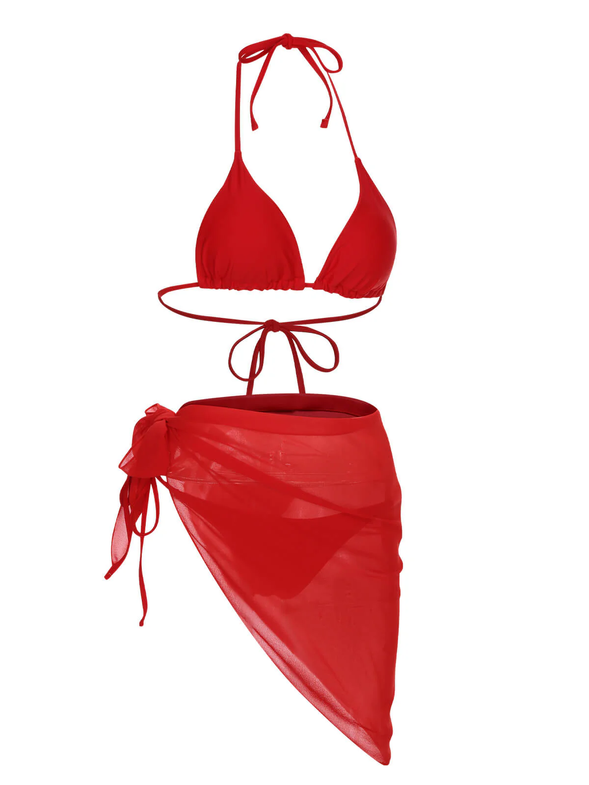 Red 1950s Solid Halter Bikini Set & Cover-Up - Image 3