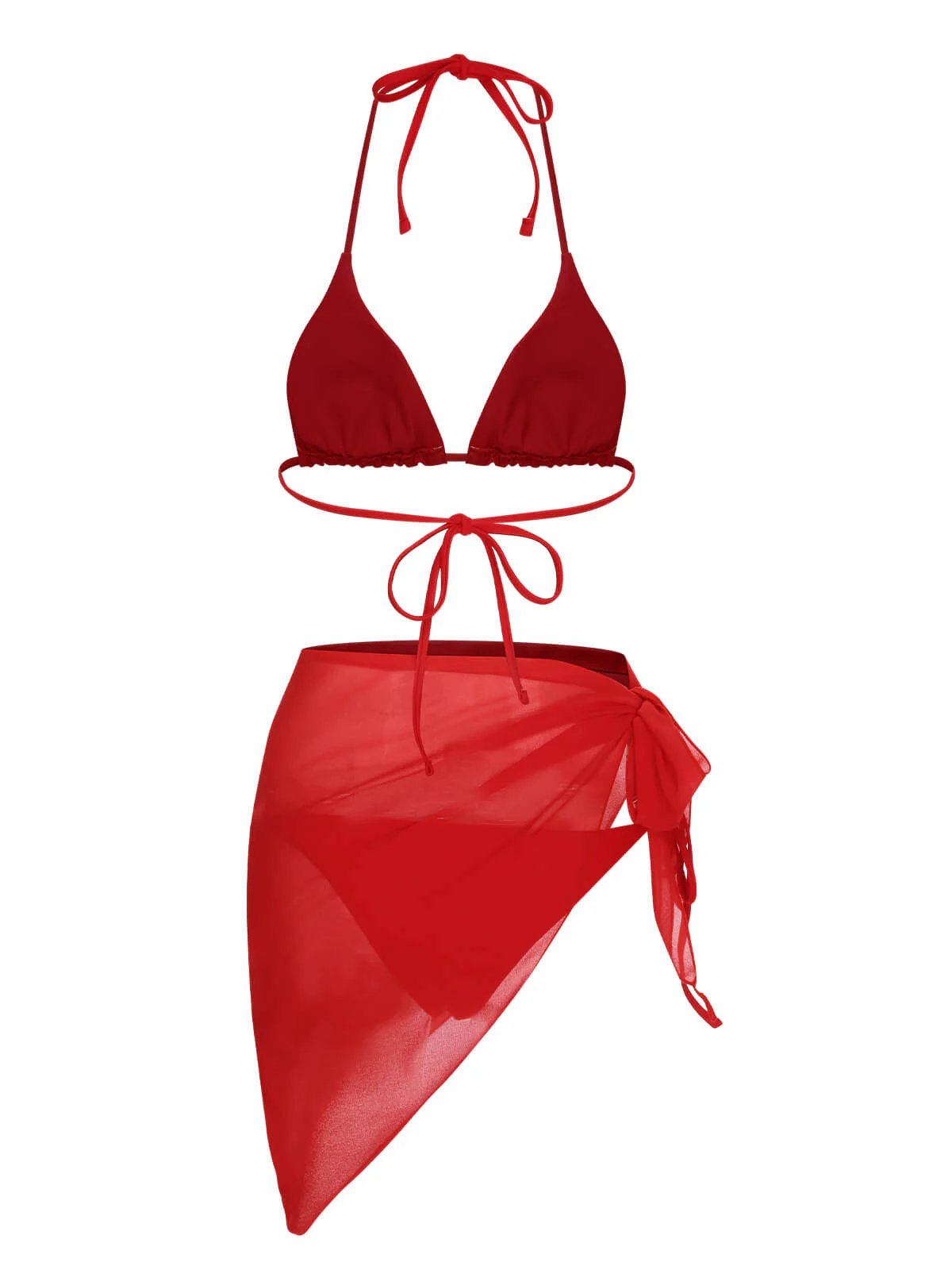 Red 1950s Solid Halter Bikini Set & Cover-Up - Image 4