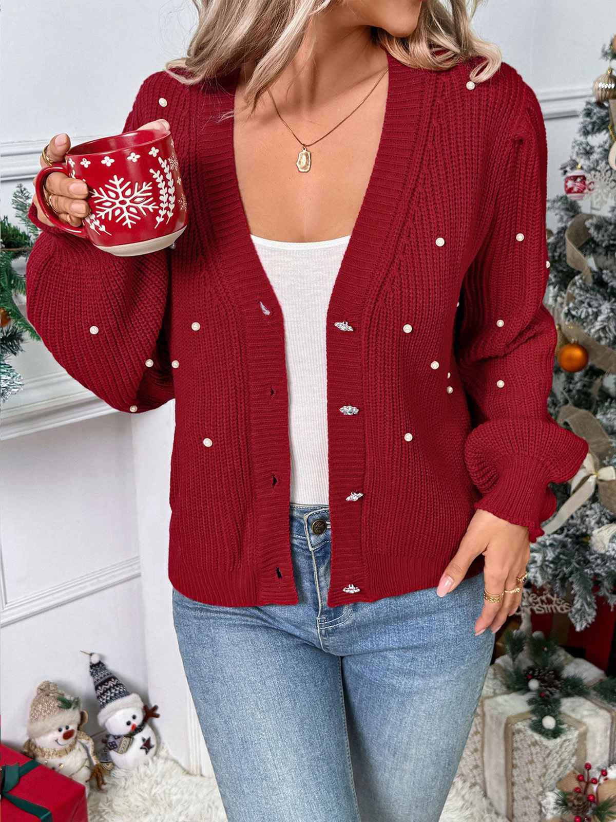Red 1950s Solid Pearl Beading Loose Knit Cardigan - Image 2
