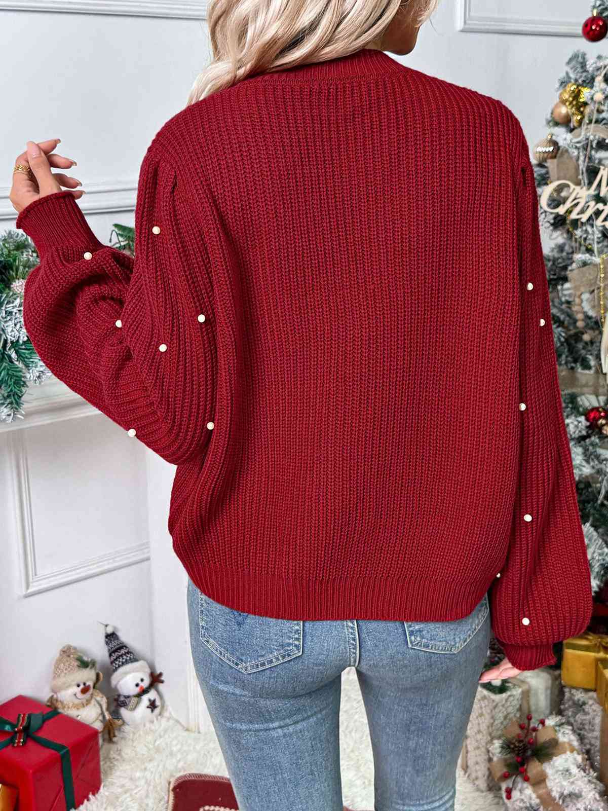 Red 1950s Solid Pearl Beading Loose Knit Cardigan - Image 3