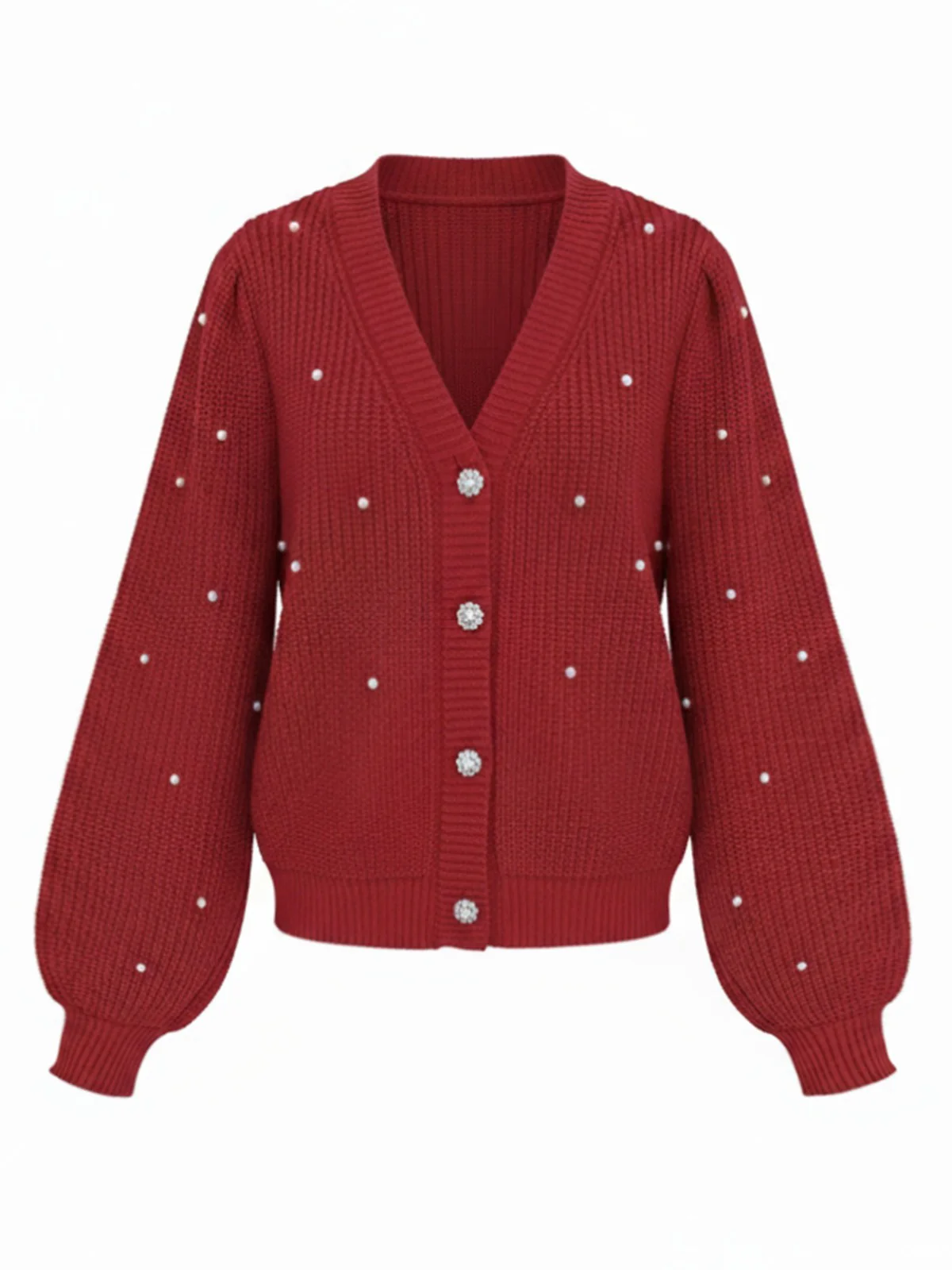 Red 1950s Solid Pearl Beading Loose Knit Cardigan - Image 5