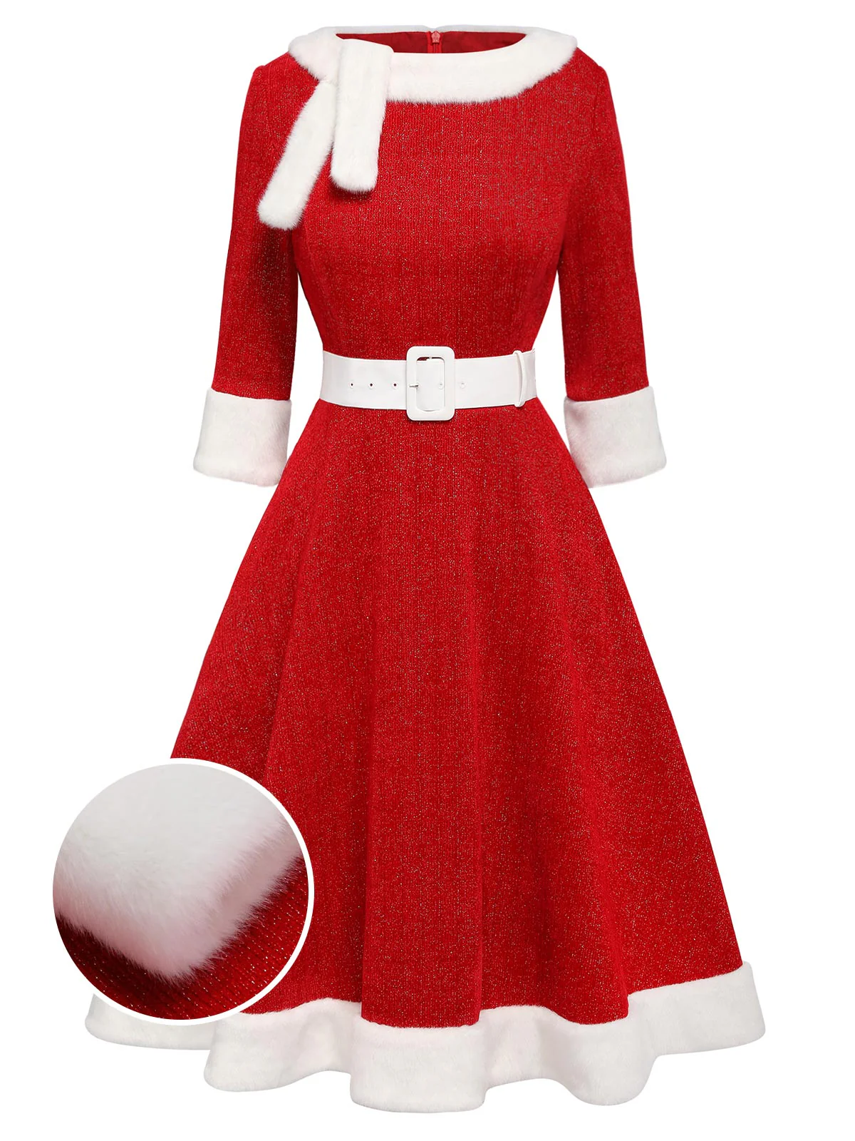 Red 1950s Solid Plush Christmas Dress - Image 3