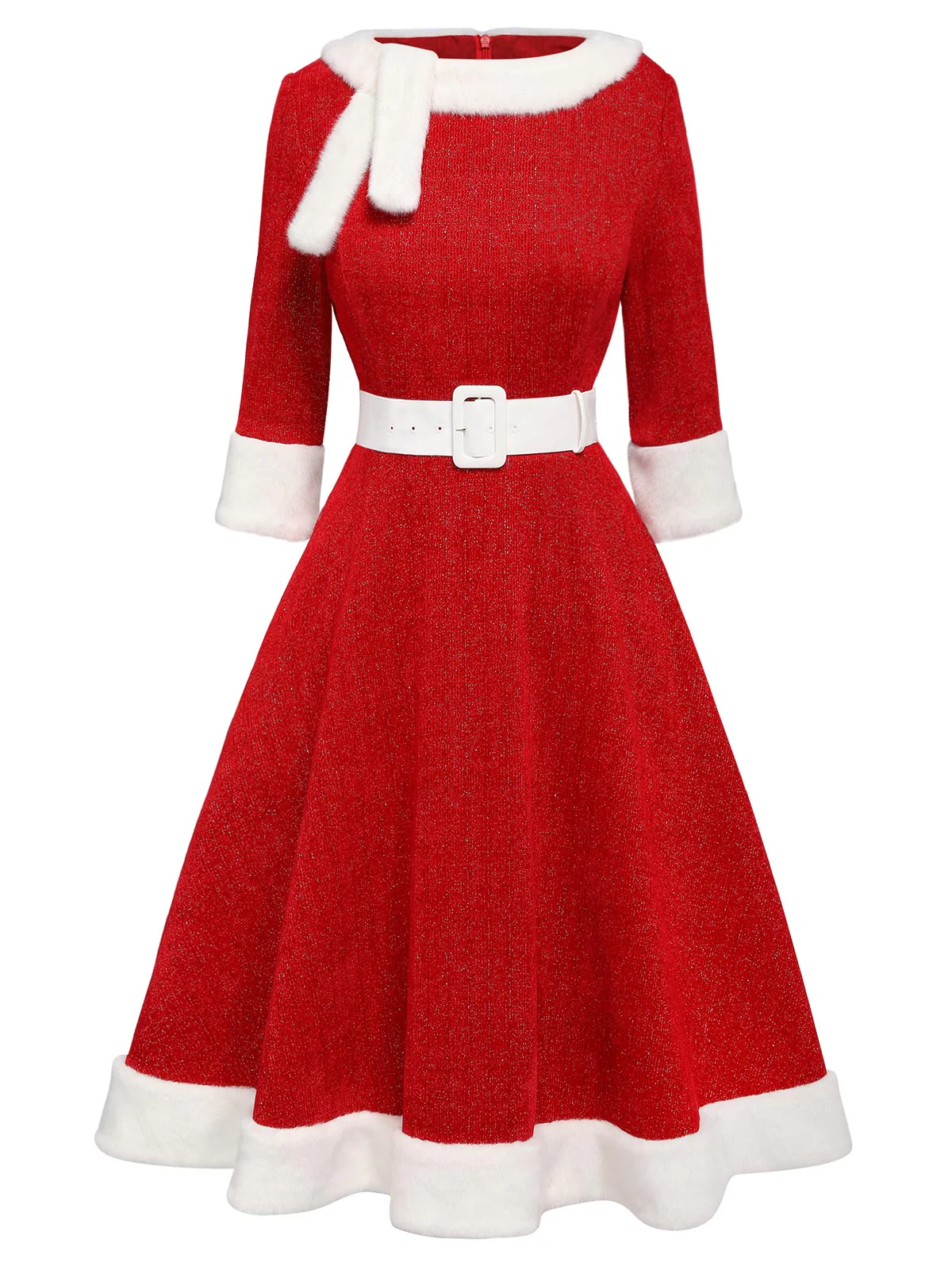 Red 1950s Solid Plush Christmas Dress - Image 4