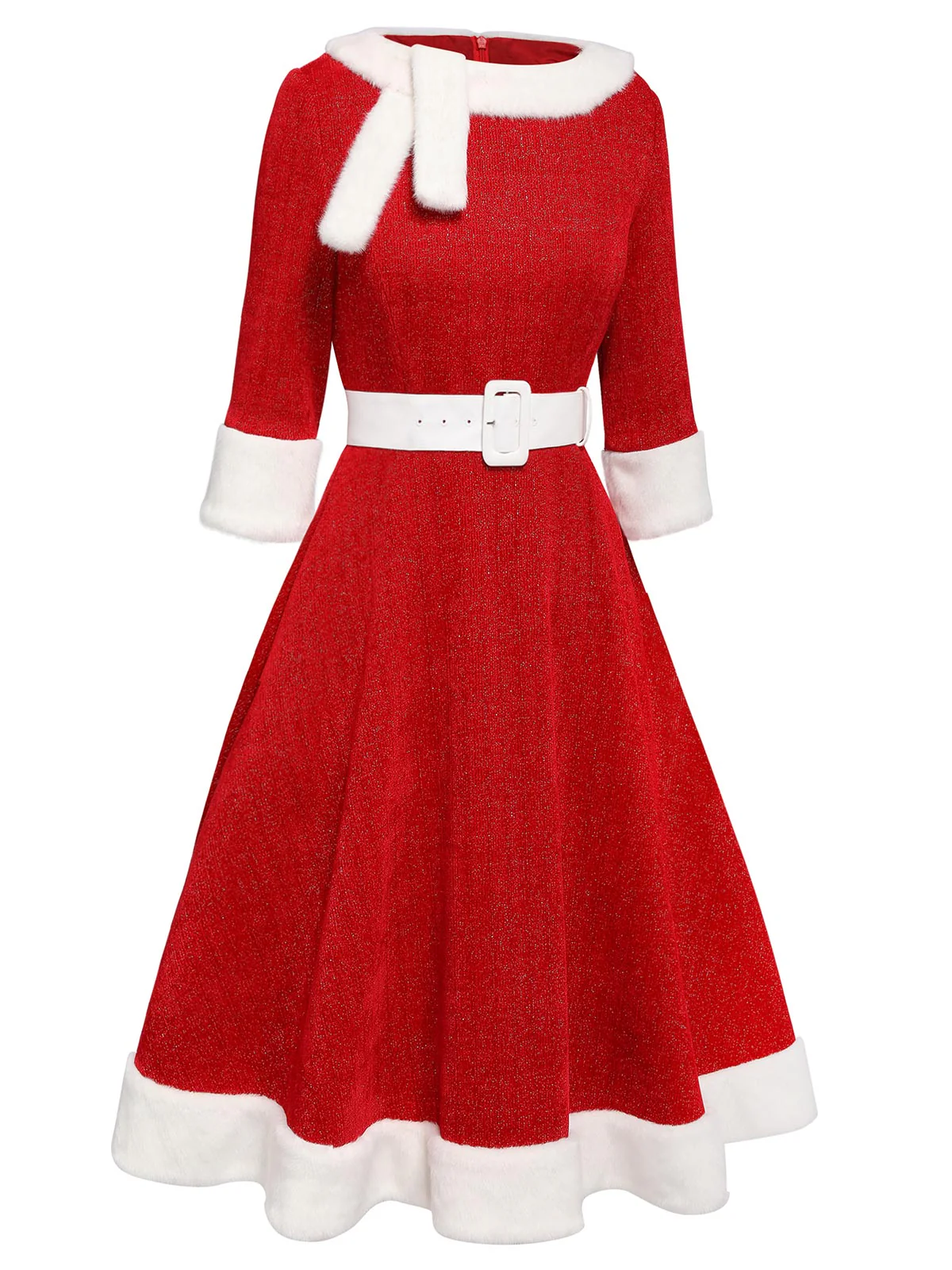 Red 1950s Solid Plush Christmas Dress - Image 5