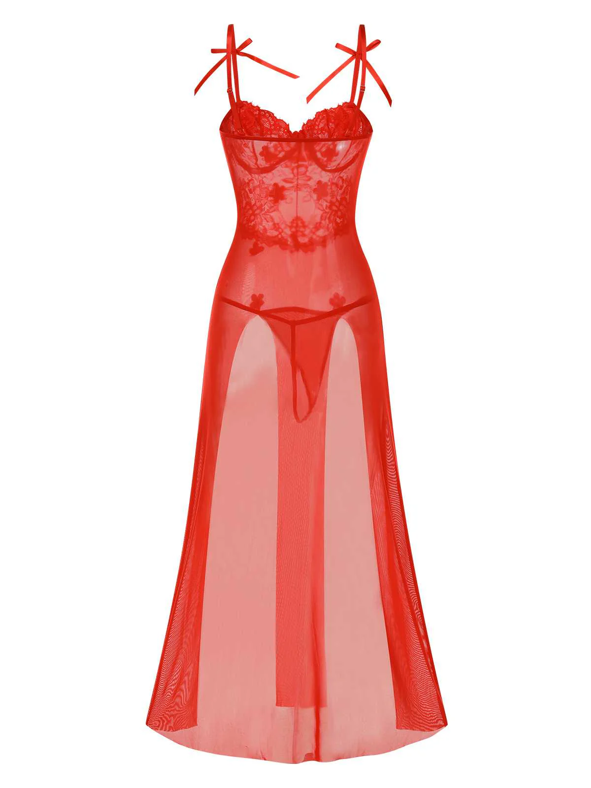 Red 1950s Spaghetti Strap Lace 3D Flower Nightgown - Image 2