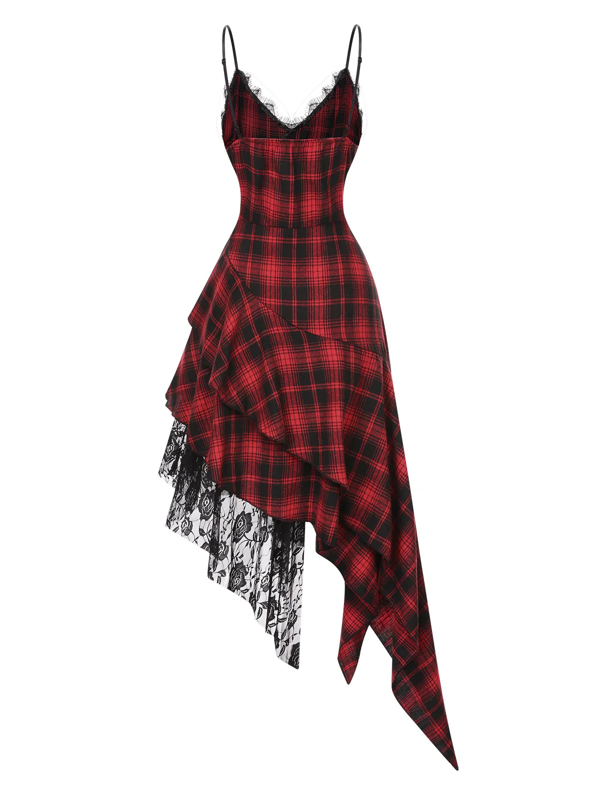 Red 1950s Spaghetti Straps Plaid Irregular Hem Dress - Image 2