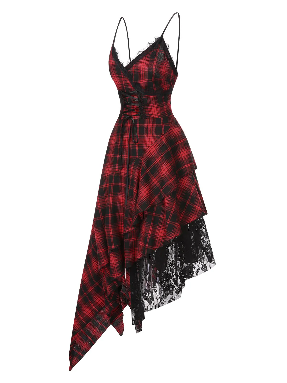 Red 1950s Spaghetti Straps Plaid Irregular Hem Dress - Image 3