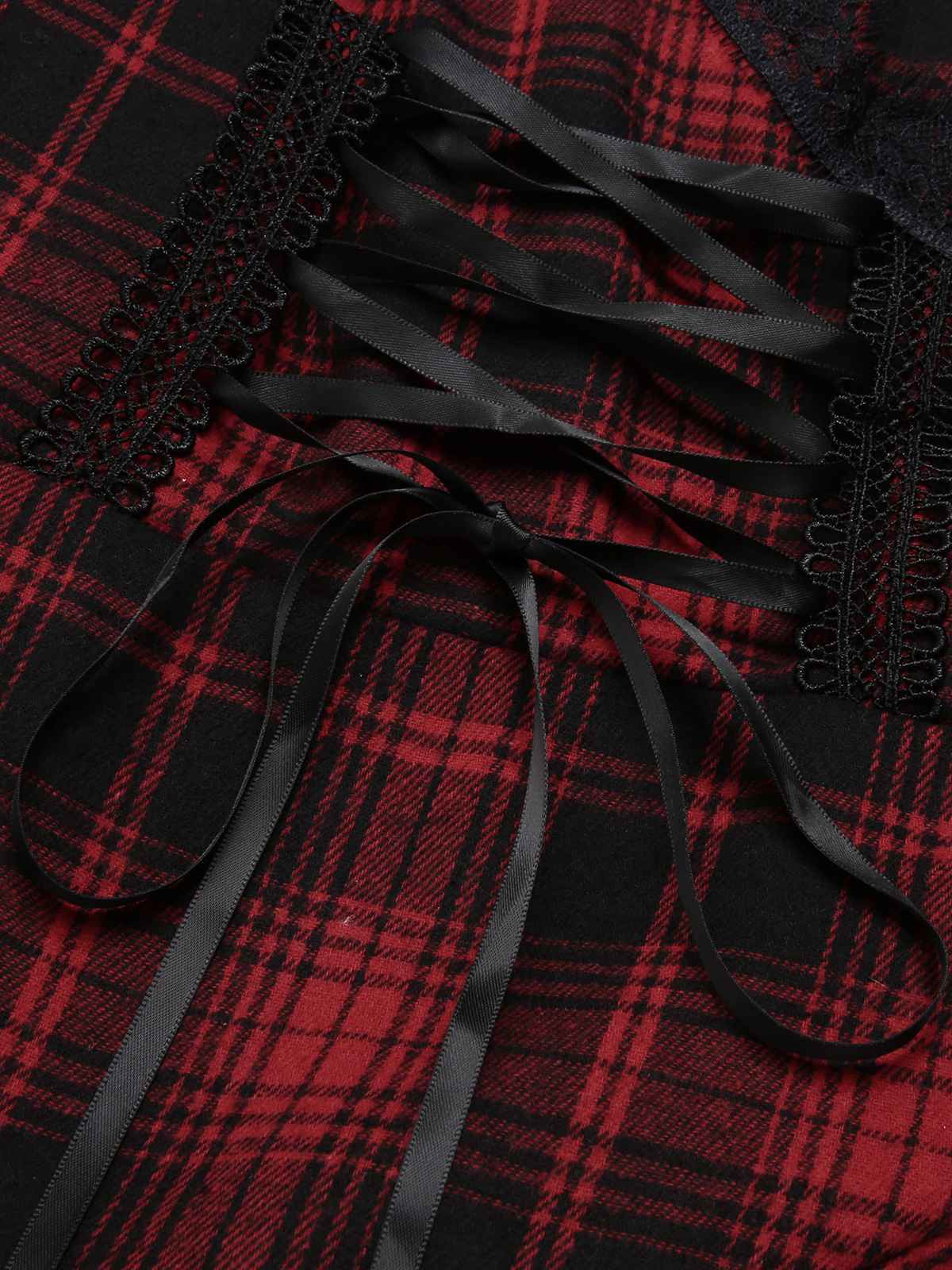 Red 1950s Spaghetti Straps Plaid Irregular Hem Dress - Image 4