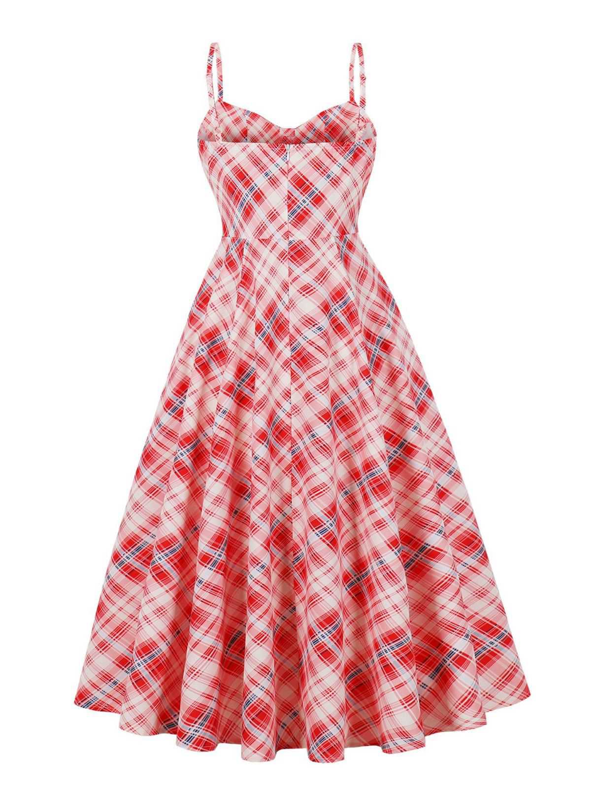 Red 1950s Spaghetti Straps Plaid Swing Dress - Image 2