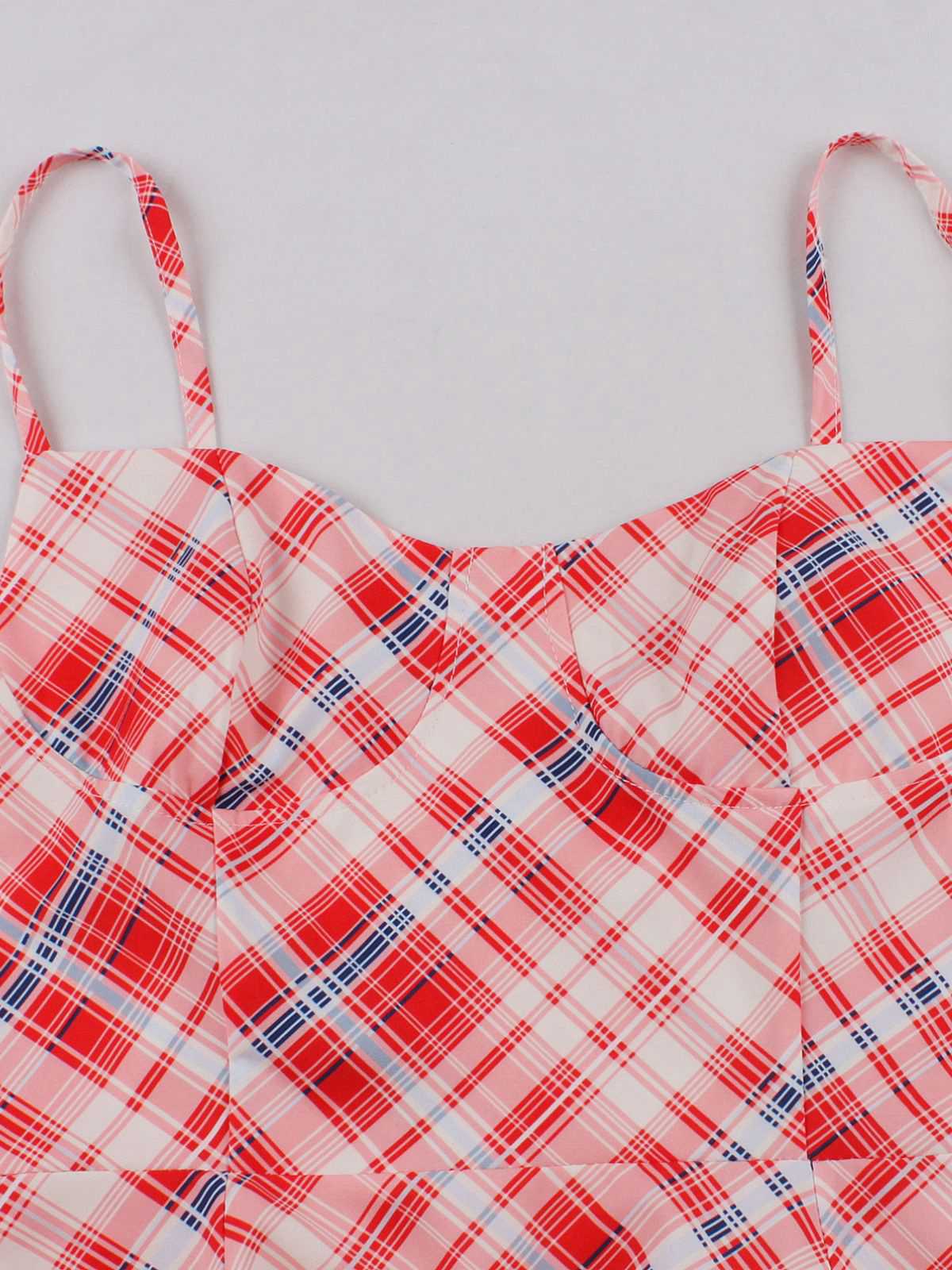 Red 1950s Spaghetti Straps Plaid Swing Dress - Image 3