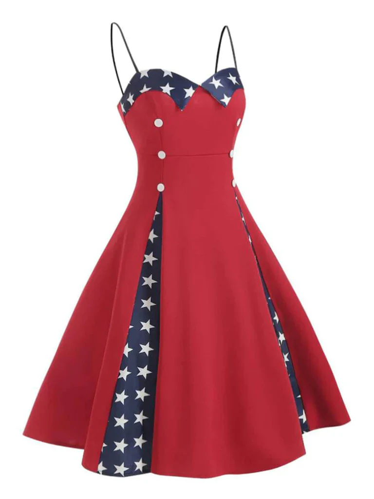 Red 1950s Stars Patchwork Strap Dress - Image 3