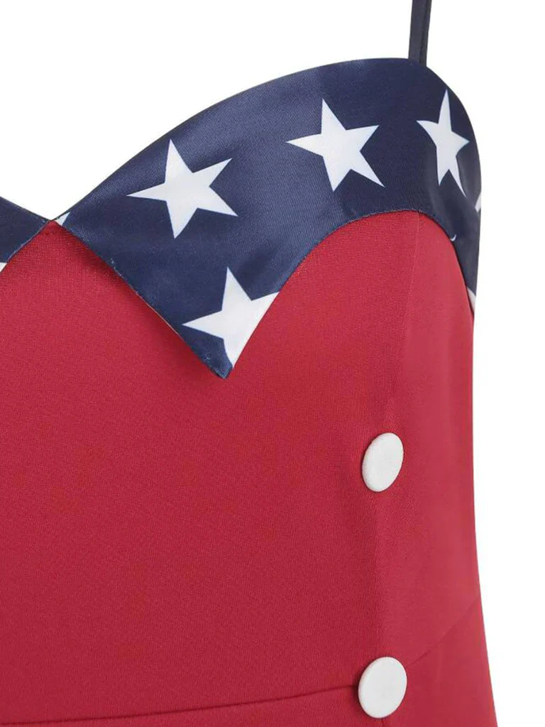 Red 1950s Stars Patchwork Strap Dress - Image 5