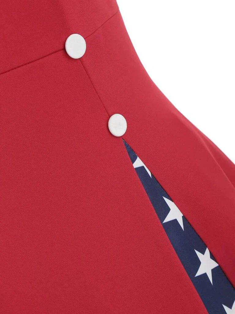 Red 1950s Stars Patchwork Strap Dress - Image 6