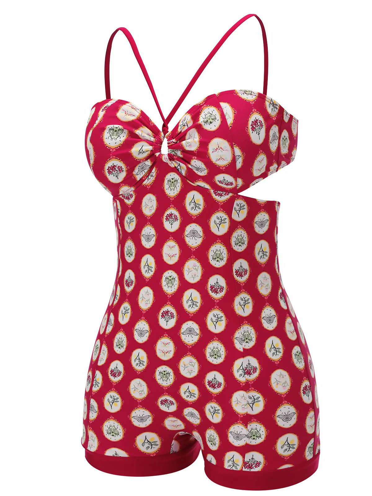 Red 1950s Strap Floral One-piece Swimsuit - Image 3