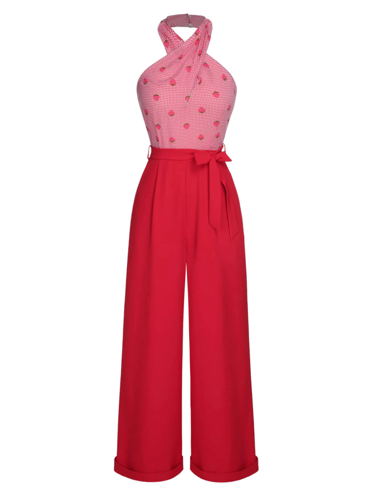 Red 1950s Strawberry Cross Halter Jumpsuit - Image 2