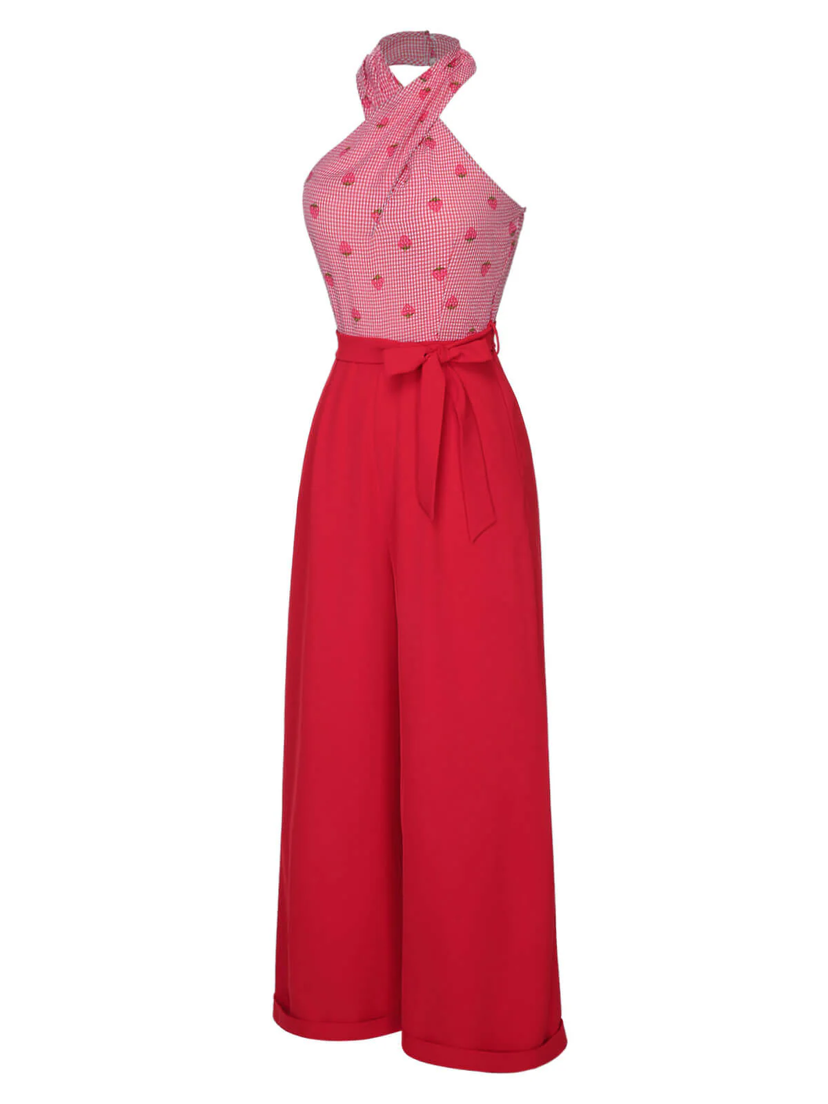 Red 1950s Strawberry Cross Halter Jumpsuit - Image 3
