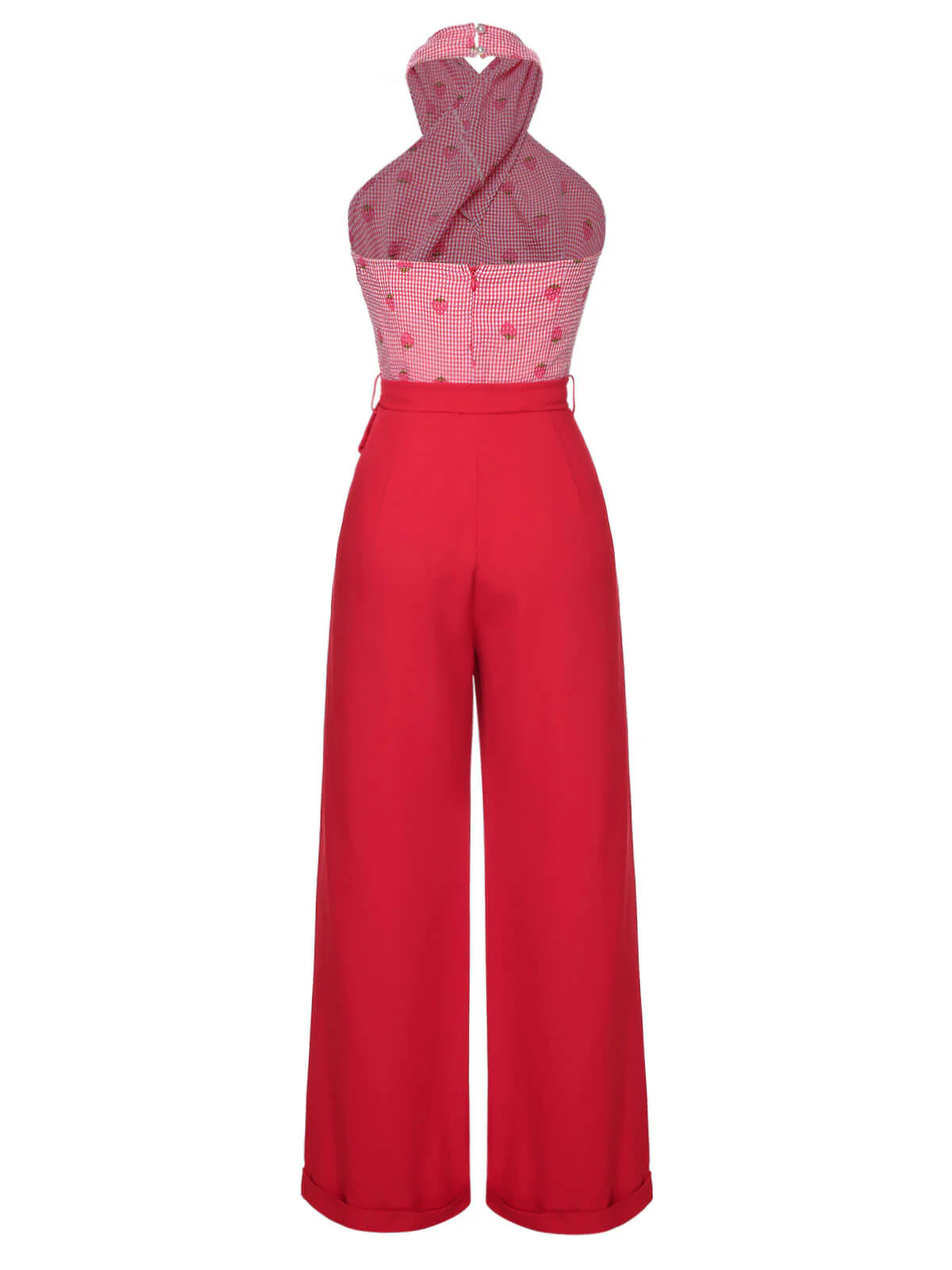 Red 1950s Strawberry Cross Halter Jumpsuit - Image 4