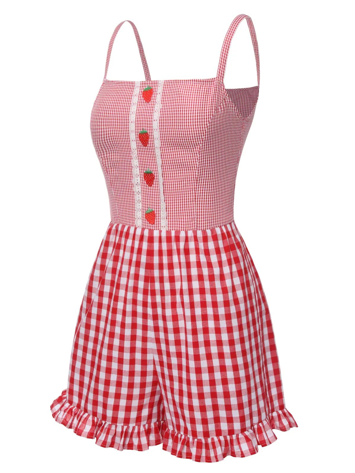 [Pre-Sale] Red 1950s Strawberry Plaid Suspender Romper - Image 3