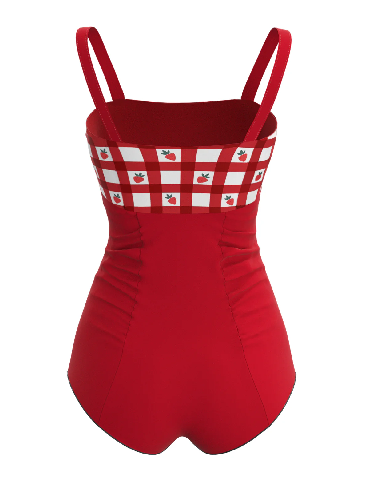 Red 1950s Strawberry Plaid Suspender Swimsuit - Image 2