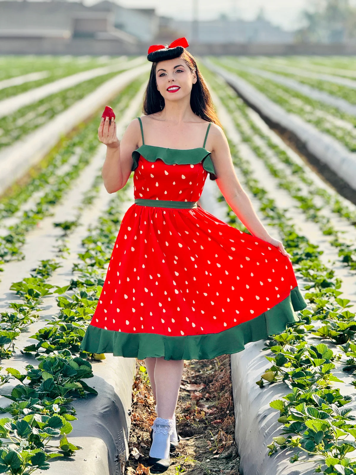 Red 1950s Strawberry Ruffle Belt Dress - Image 2
