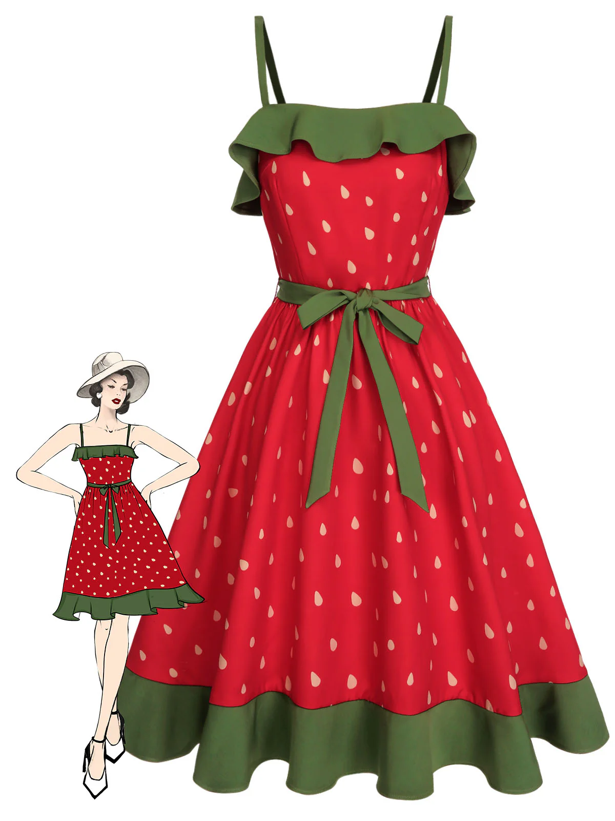 Red 1950s Strawberry Ruffle Belt Dress - Image 2