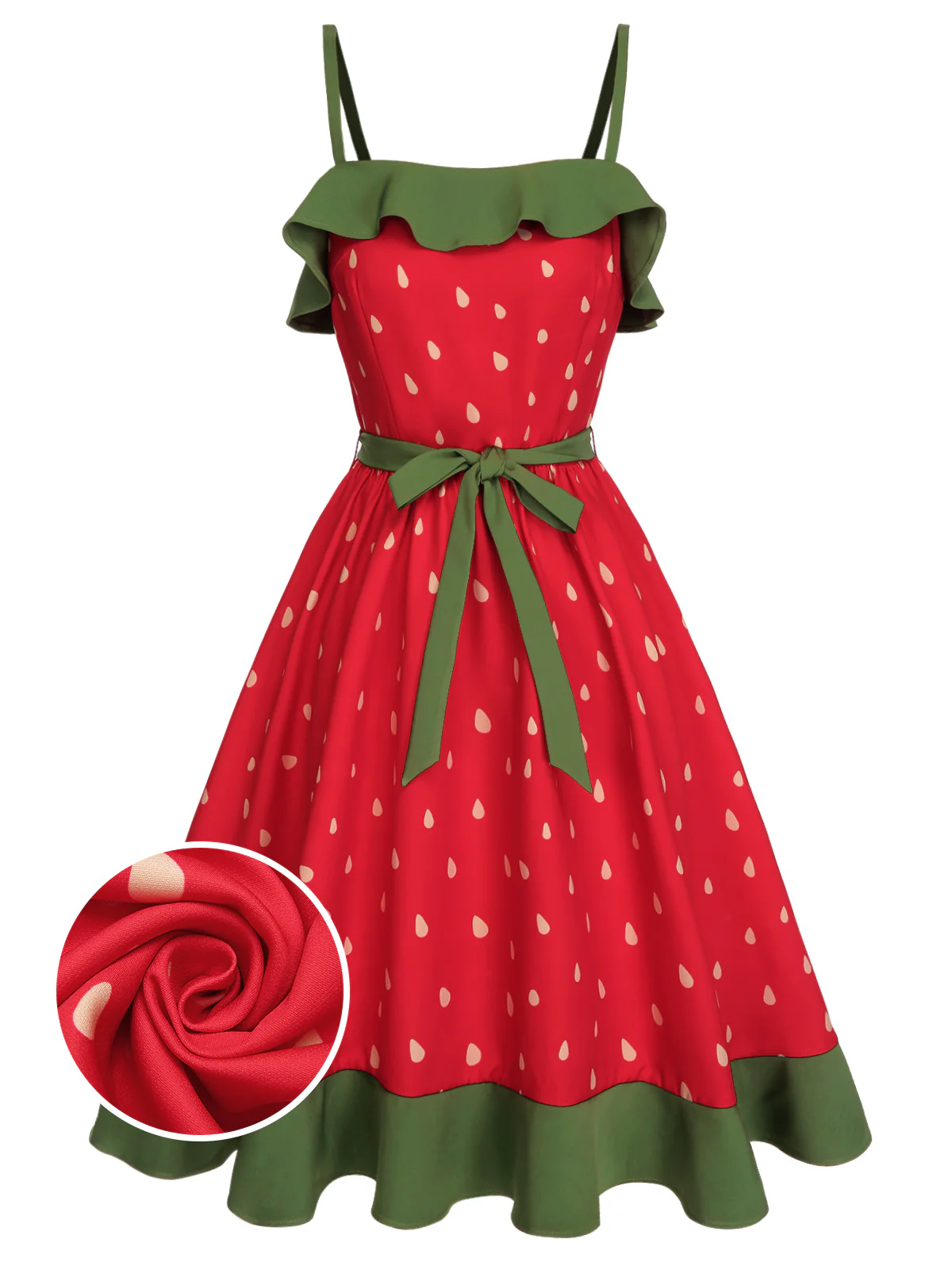 Red 1950s Strawberry Ruffle Belt Dress - Image 3
