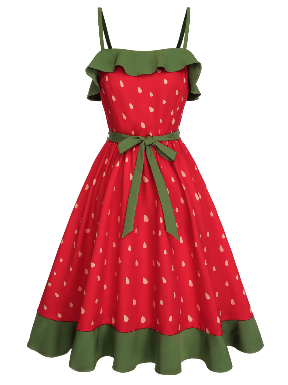 Red 1950s Strawberry Ruffle Belt Dress - Image 4