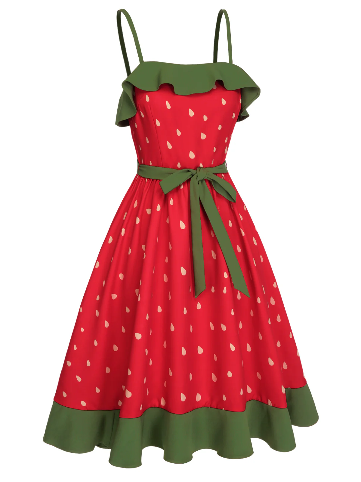Red 1950s Strawberry Ruffle Belt Dress - Image 5