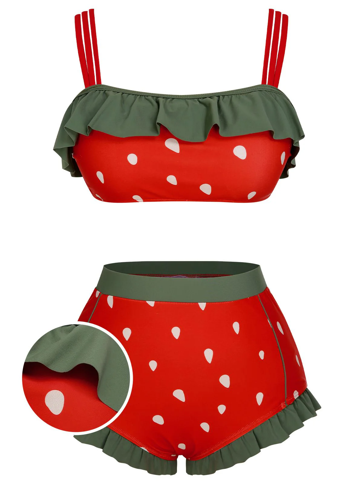Red 1950s Strawberry Ruffle Strap Swimsuit - Image 2