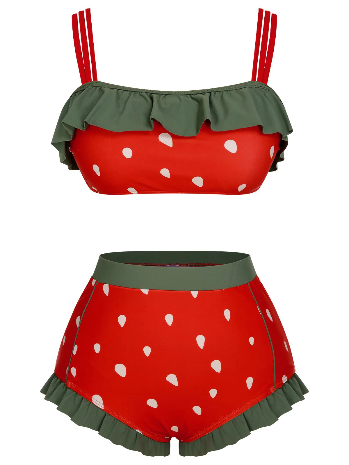 Red 1950s Strawberry Ruffle Strap Swimsuit - Image 3