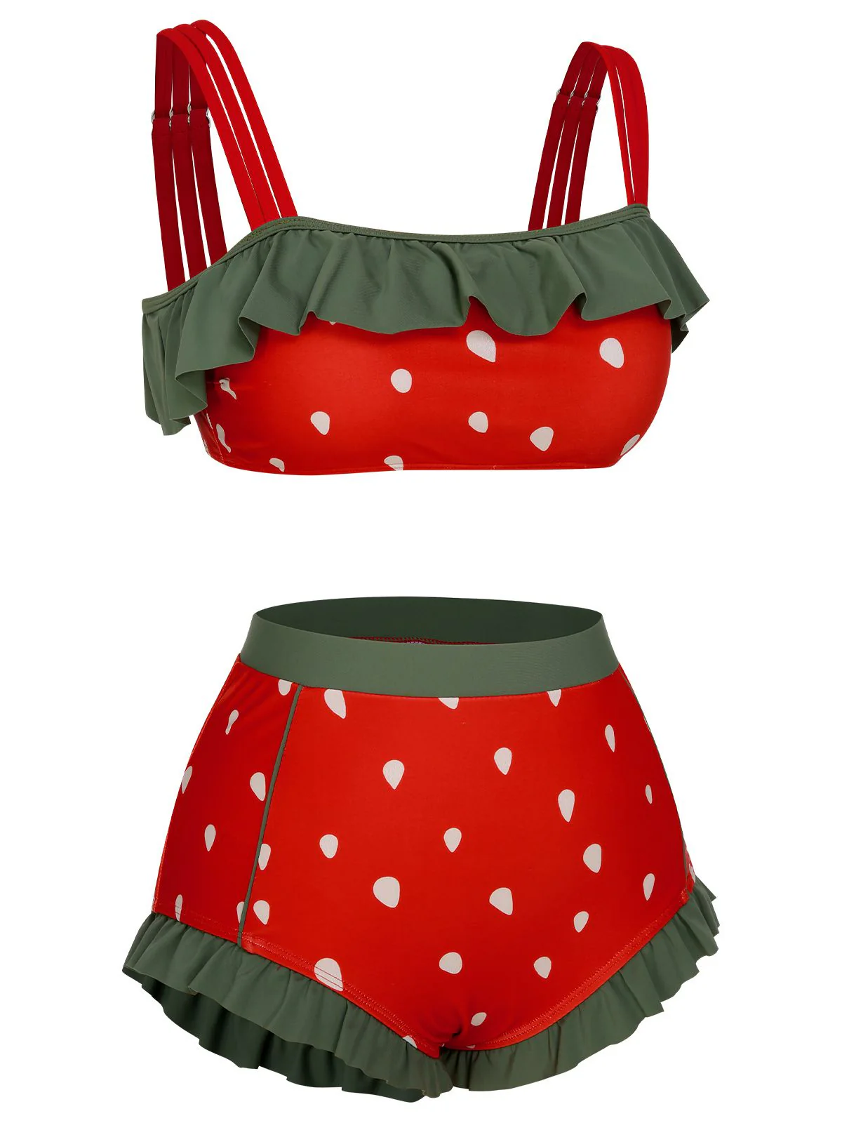 Red 1950s Strawberry Ruffle Strap Swimsuit - Image 4