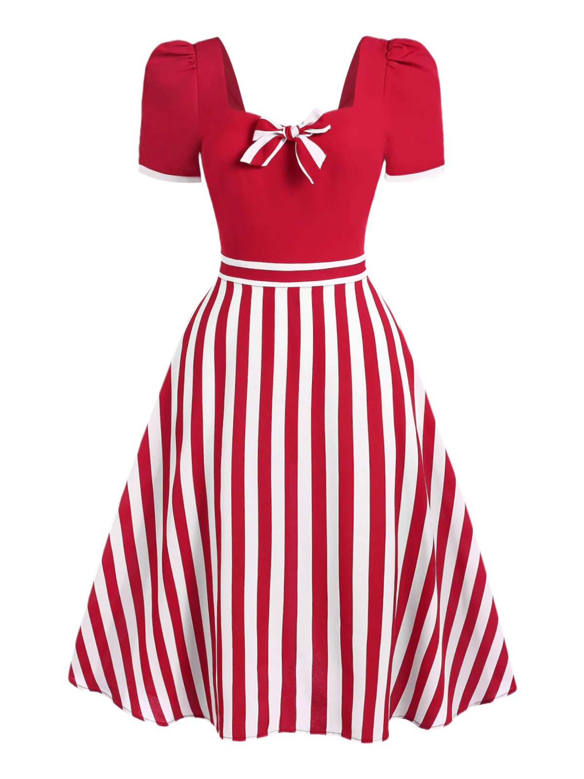 Red 1950s Striped Bow Dress - Image 2