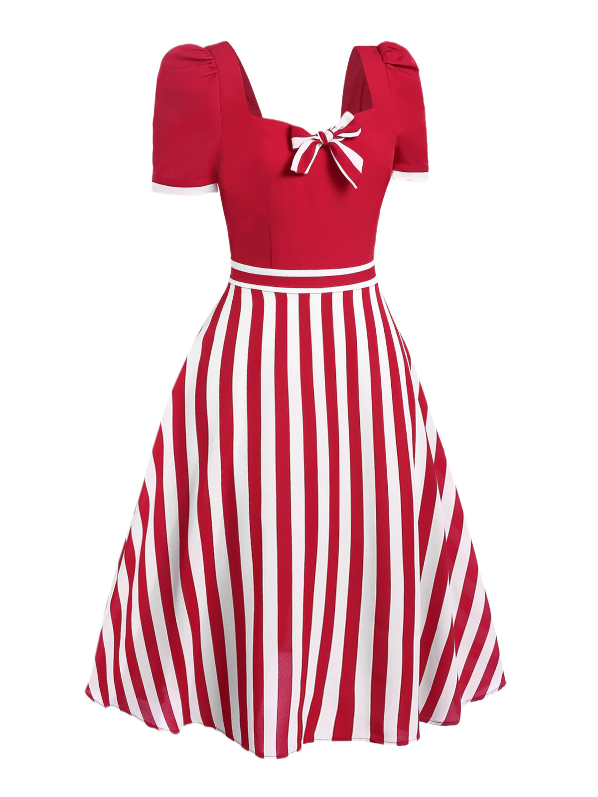 Red 1950s Striped Bow Dress - Image 3