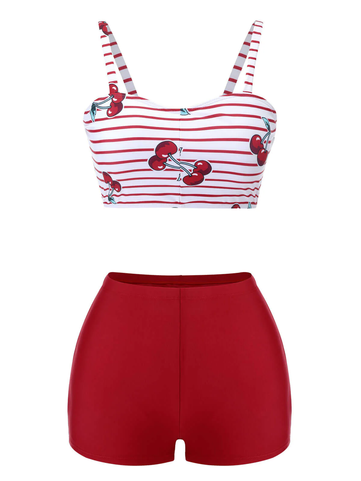 Red 1950s Striped Cherry Strap Swimsuit - Image 2