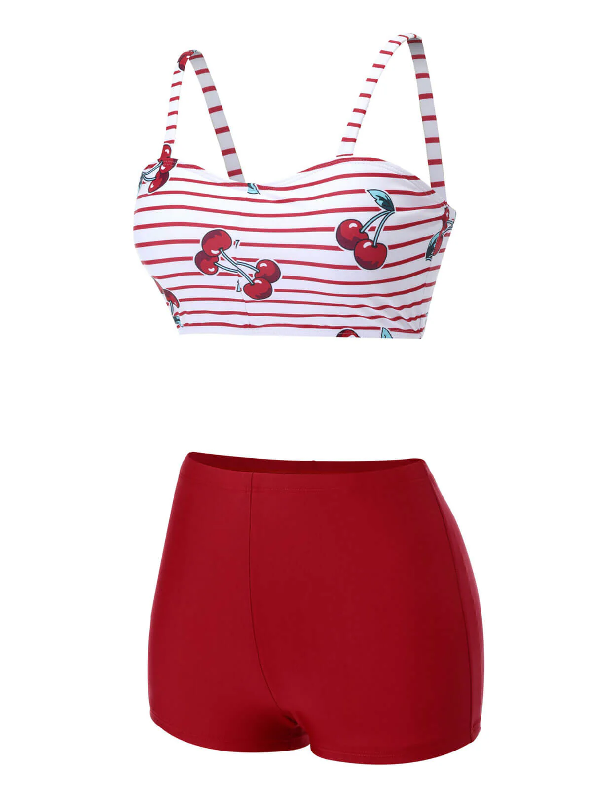 Red 1950s Striped Cherry Strap Swimsuit - Image 4