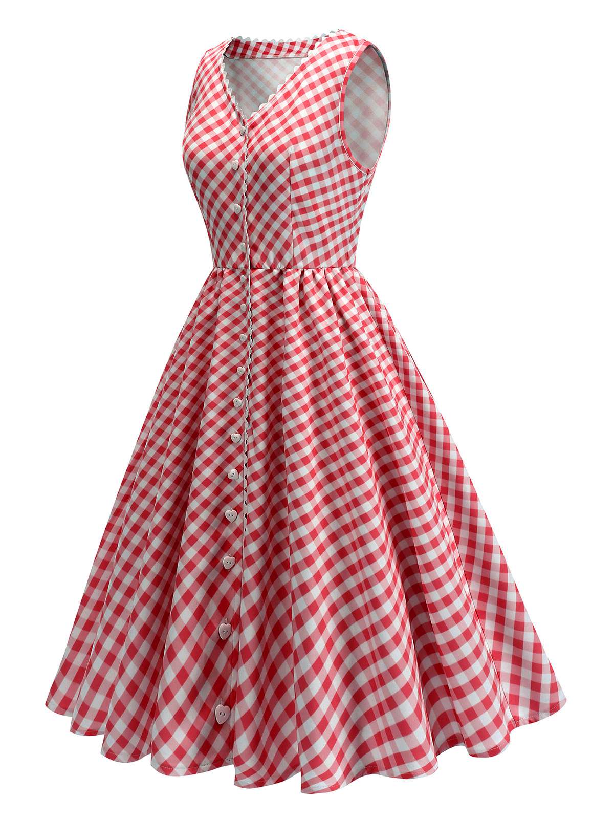 Red 1950s V-Neck Gingham Plaid Dress - Image 2