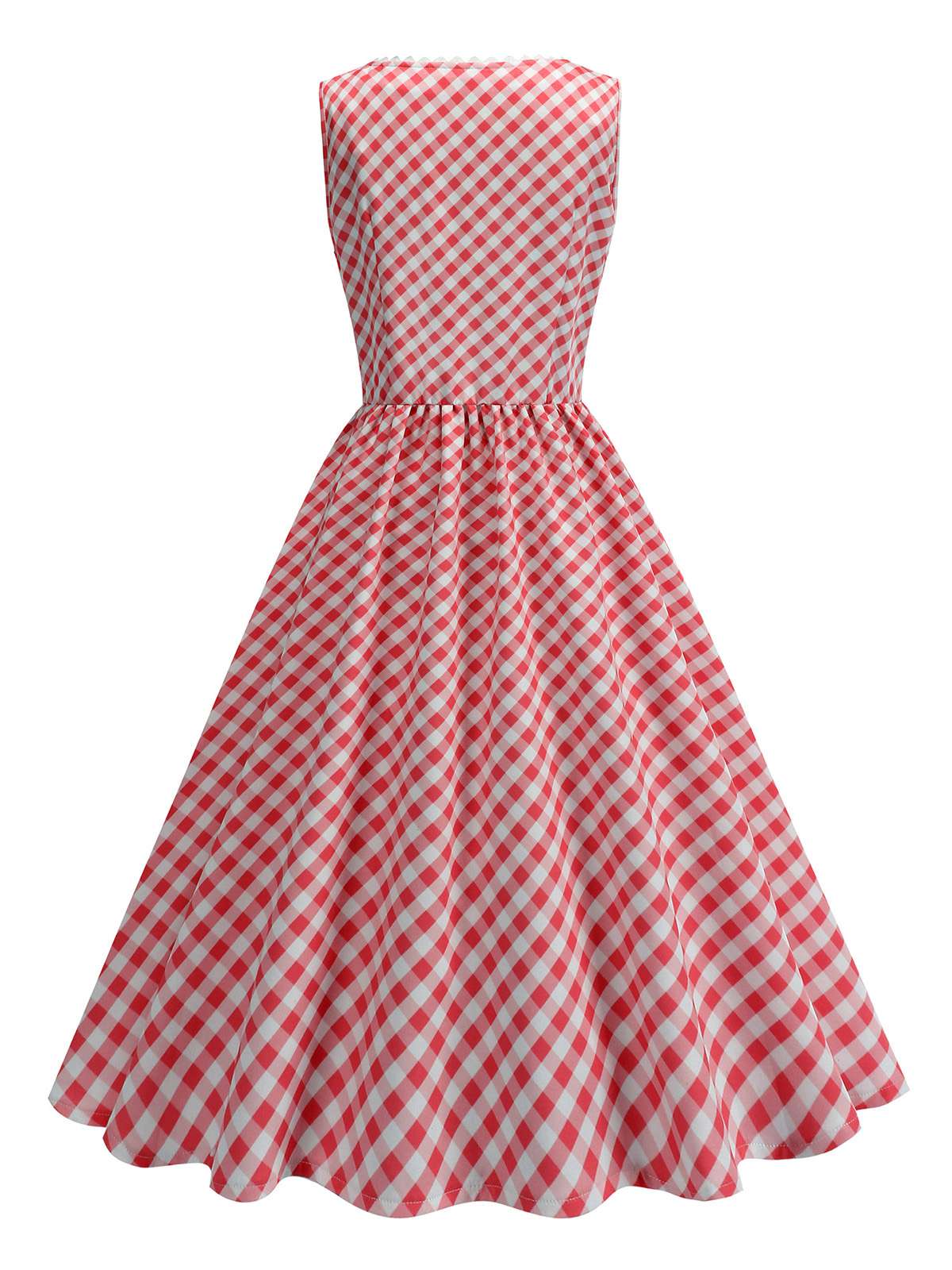 Red 1950s V-Neck Gingham Plaid Dress - Image 3