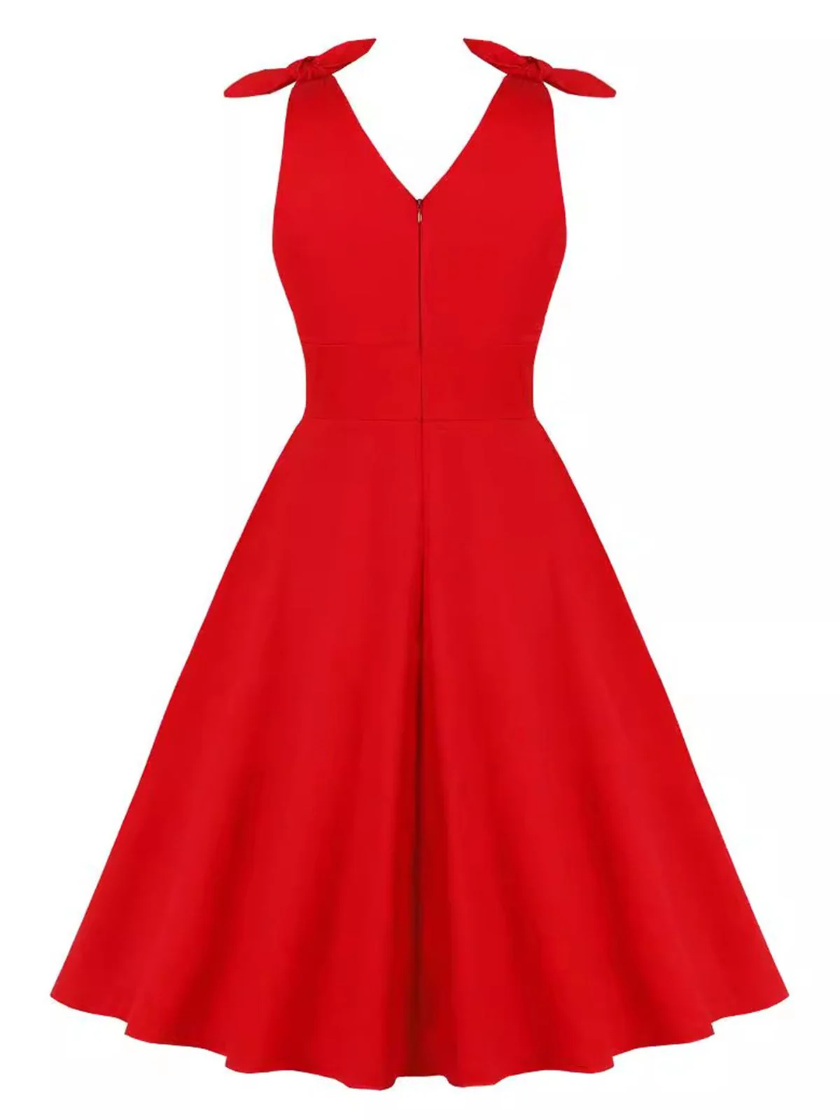 Red 1950s V-Neck Sleeveless Solid Dress - Image 2