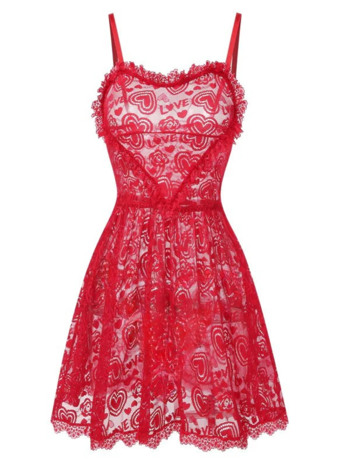 Red 1950s Valentine Hearts Lace Straps Nightdress - Image 2
