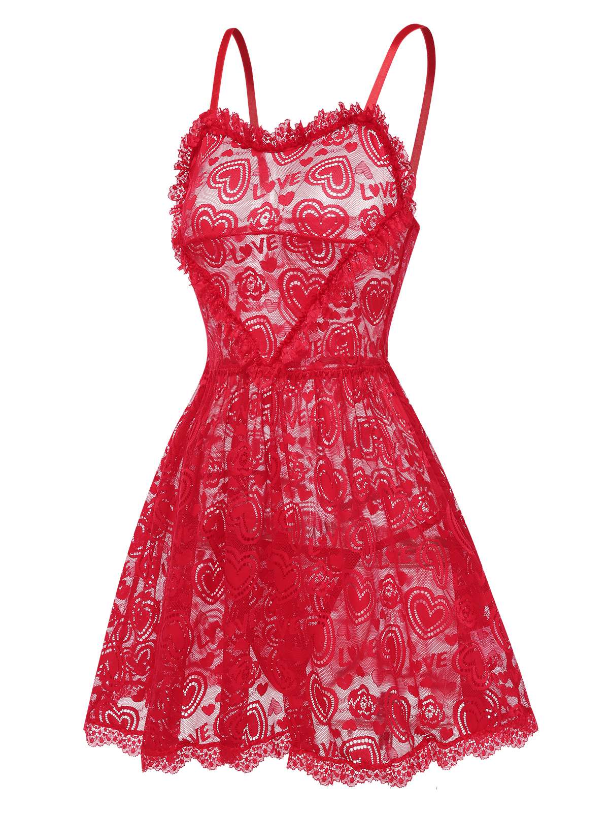 Red 1950s Valentine Hearts Lace Straps Nightdress - Image 3