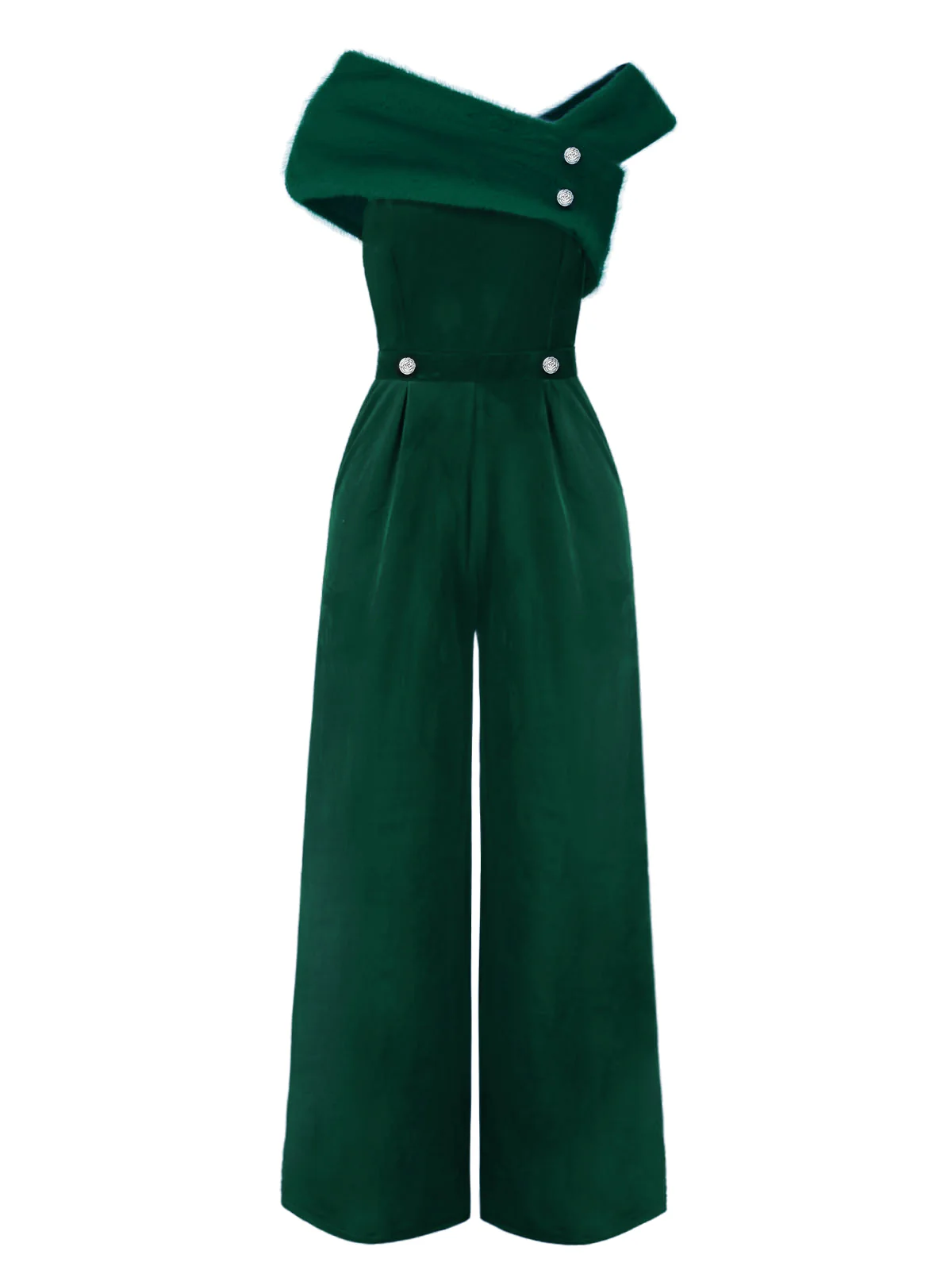 Red 1950s Velvet Off Shoulder Button Jumpsuit - Image 12