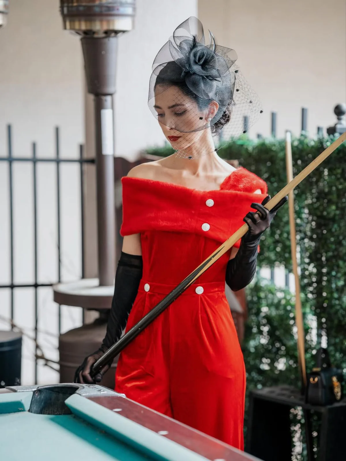 Red 1950s Velvet Off Shoulder Button Jumpsuit - Image 2