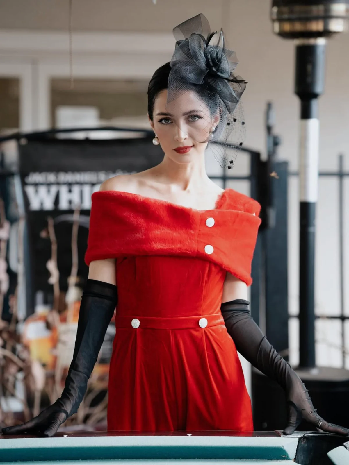 Red 1950s Velvet Off Shoulder Button Jumpsuit - Image 3