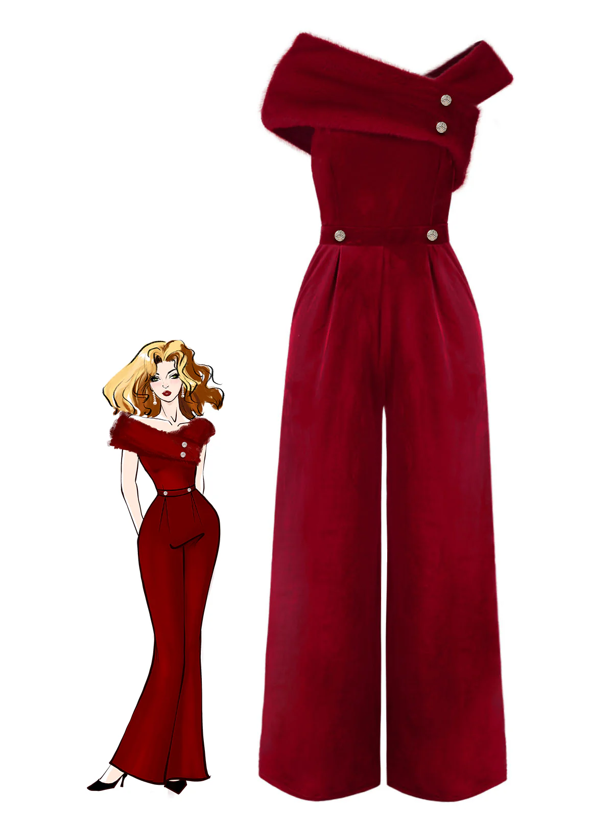 Green 1950s Velvet Off Shoulder Button Jumpsuit - Image 2