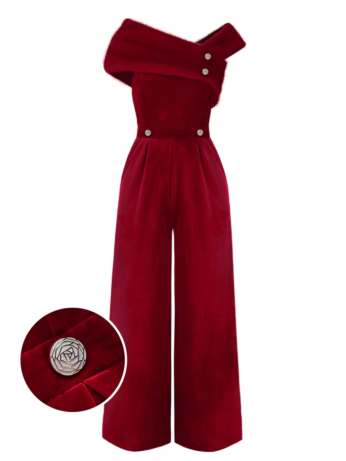 Green 1950s Velvet Off Shoulder Button Jumpsuit - Image 3