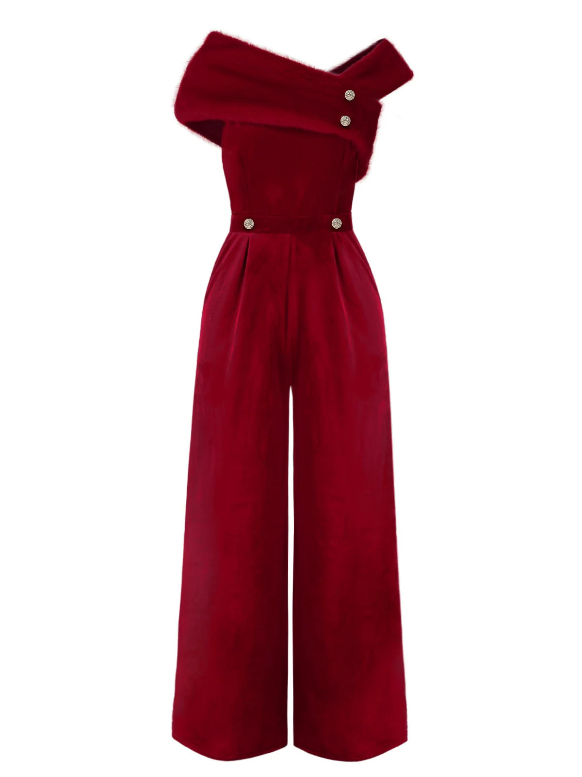 Green 1950s Velvet Off Shoulder Button Jumpsuit - Image 4